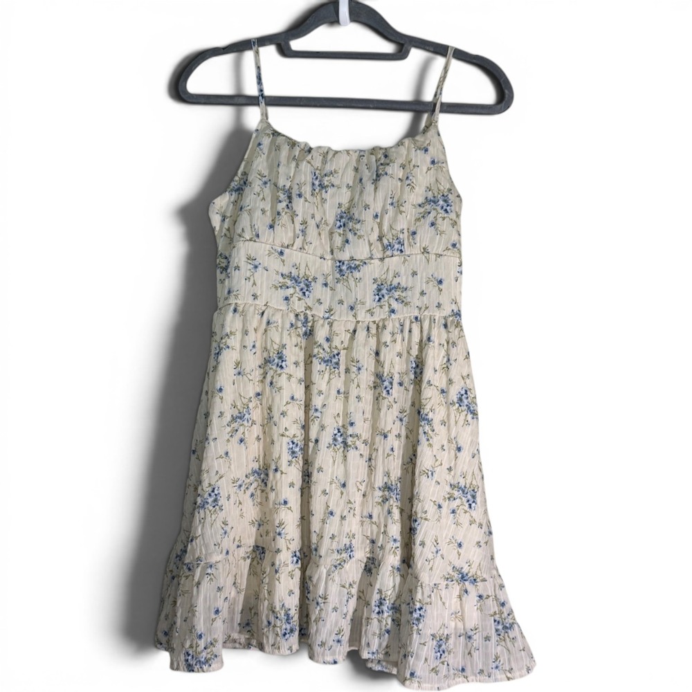 Fairycore Blue Floral Smocked Back Mini Sun Dress Textured Ruffle Hem S